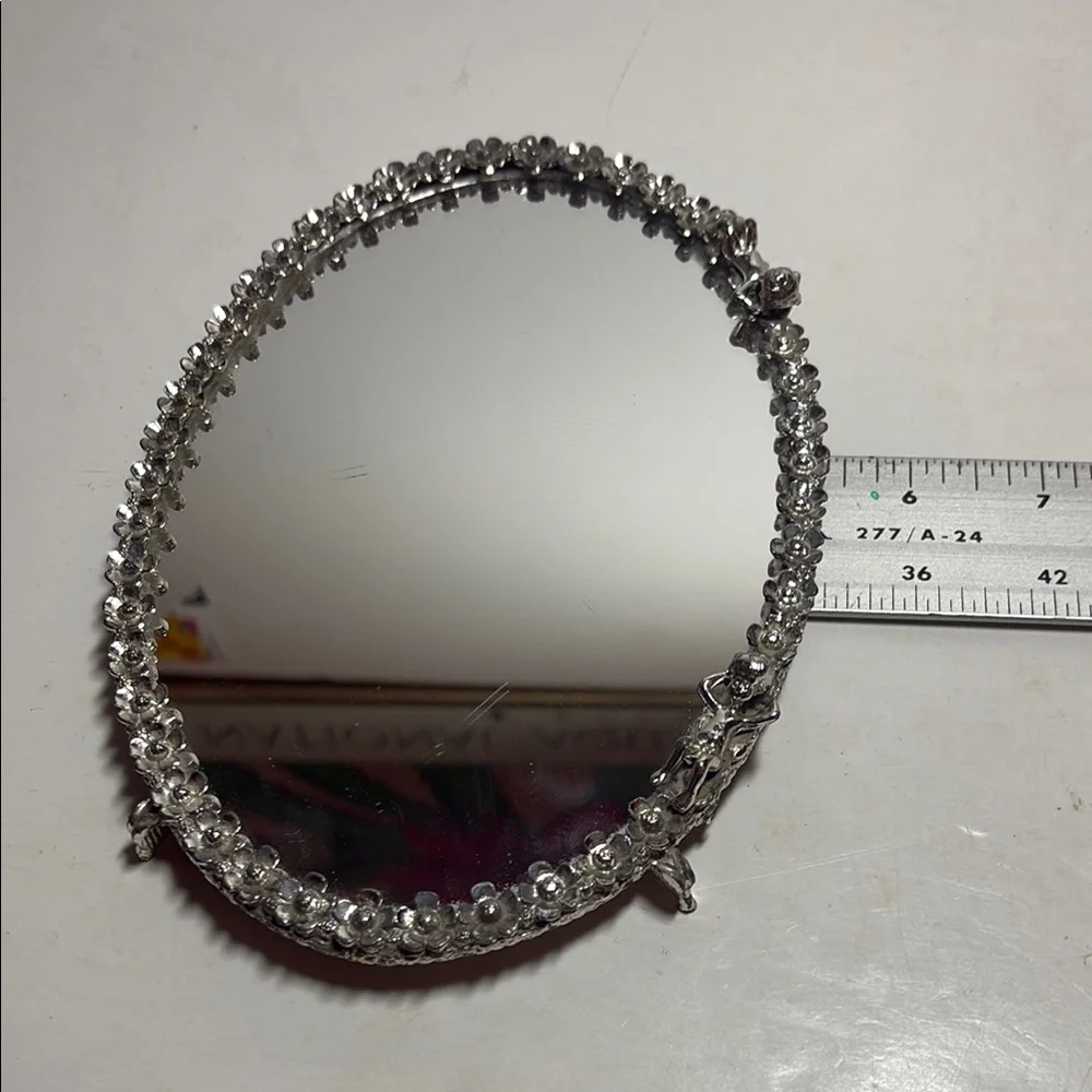 Elegant Silver Vanity Oval Mirror Tray with Cherobs